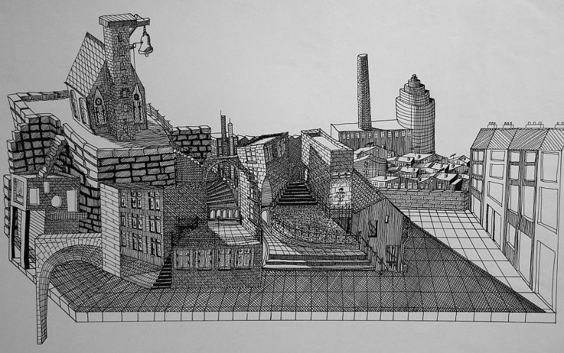 Multiperspektivische Stadt, 1974, Tusche, 62x45.jpg